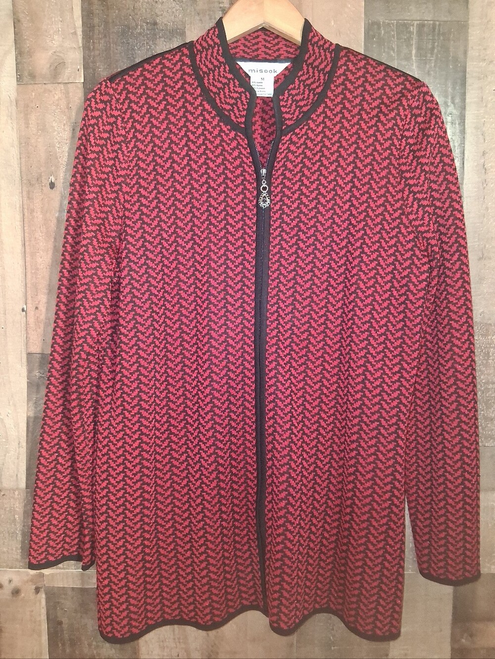 Exclusively Misook Jacket Medium Long Sleeve Career Blazer Red Black Chevron - Picture 4 of 7